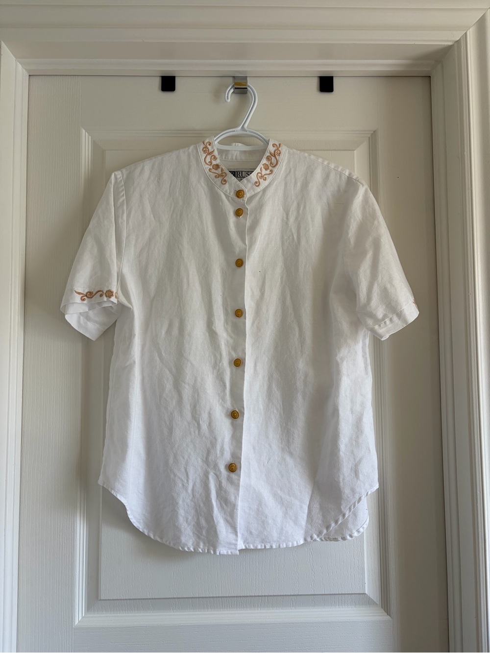Russ White Button-Up Top with Gold Embroidery